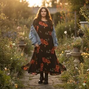 Notations Woman Vintage 90s Floral Rayon Maxi Dress 1X Black Red Ruffle Sleeve